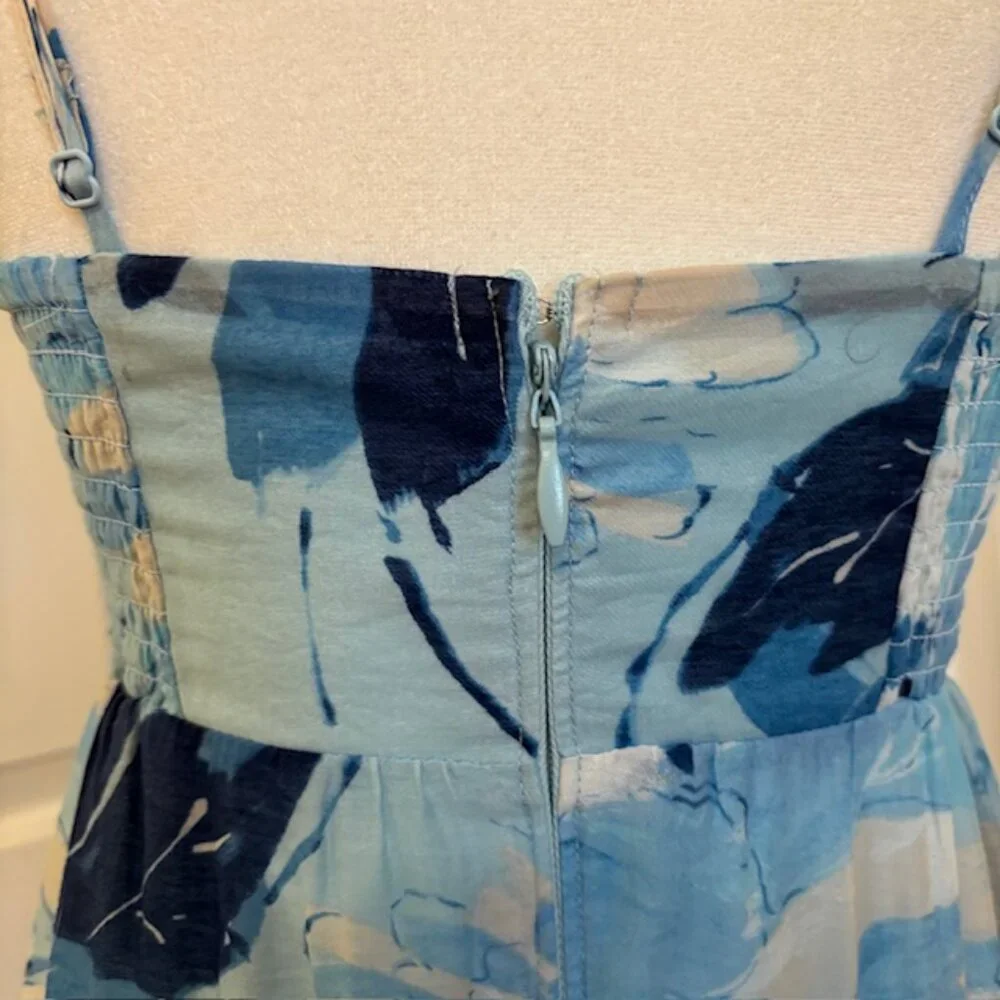 NWT Abercrombie & Fitch Blue Floral Tiered Ruched Thin Strapped Maxi Dress, XSP